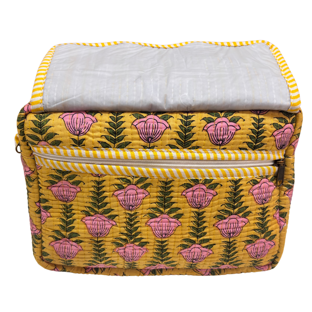 Handmade block-print cosmetic case from Jaipur — top view showing zipper opening