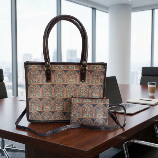 Office Tote Bag for Women | Block Print Rajasthani Tote with Laptop Space & Matching Pouch