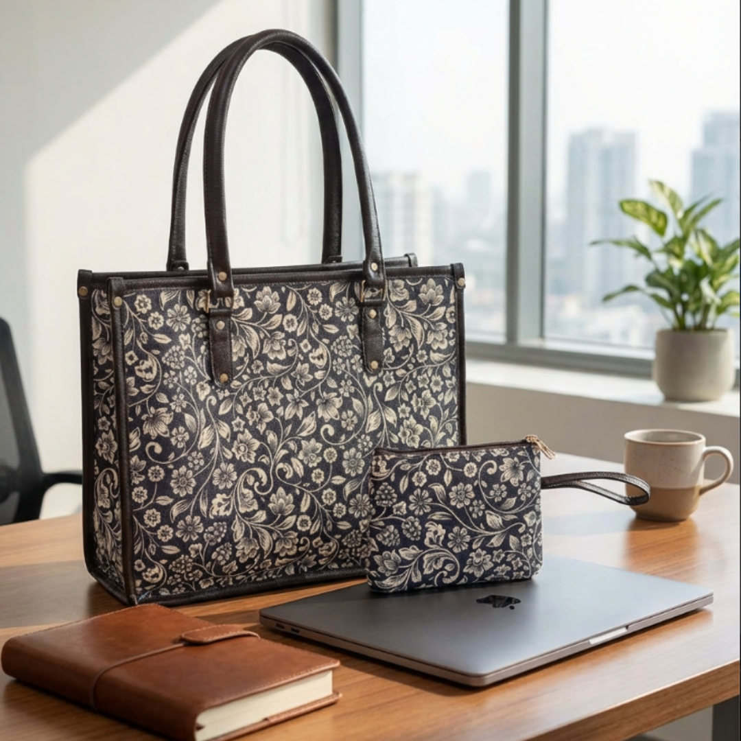 Office Tote Bag for Women | Block Print Rajasthani Tote with Laptop Space & Matching Pouch