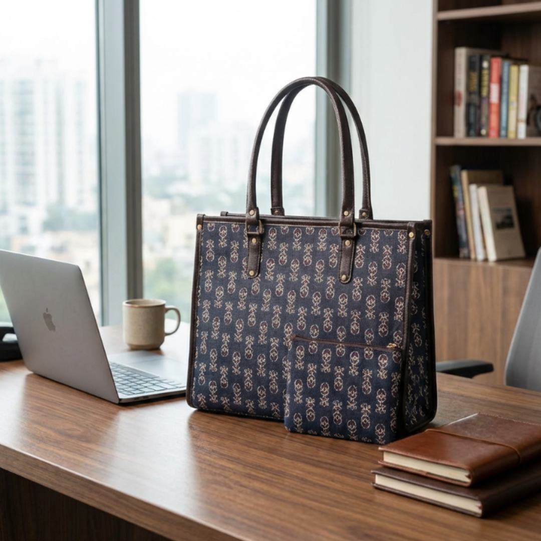 Office Tote Bag for Women | Block Print Rajasthani Tote with Laptop Space & Matching Pouch