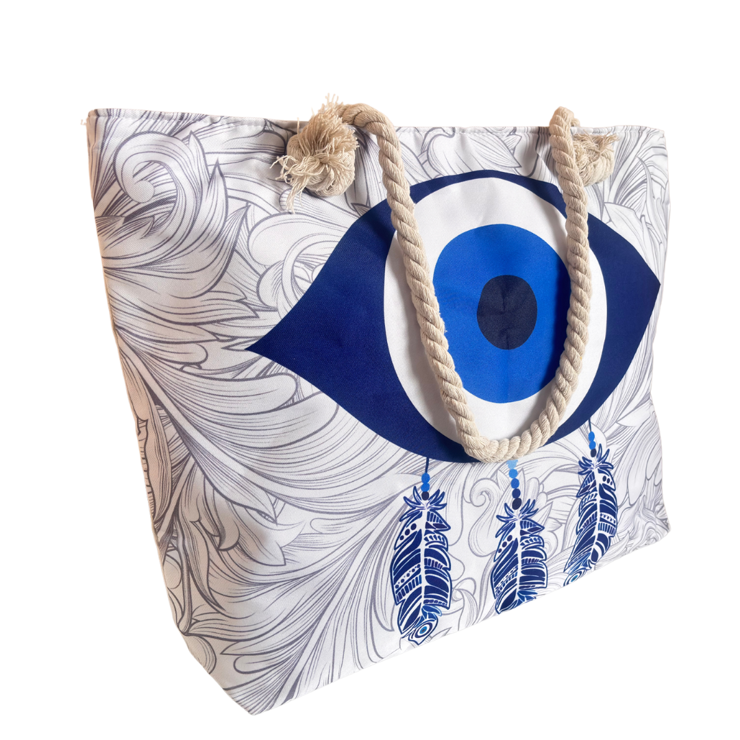 The Beach Party Edition:- Evil Eye Feather Print Beach Tote Bag with complimentary Pouch - The House of RajPadmini