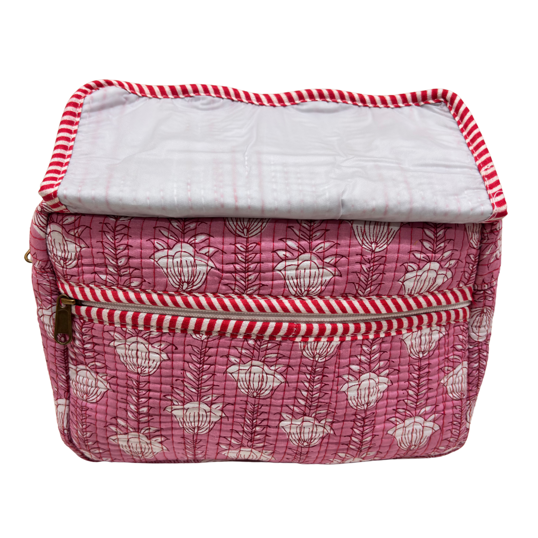 RajPadmini quilted cotton travel organiser — close-up of hand-block-printed pattern detail