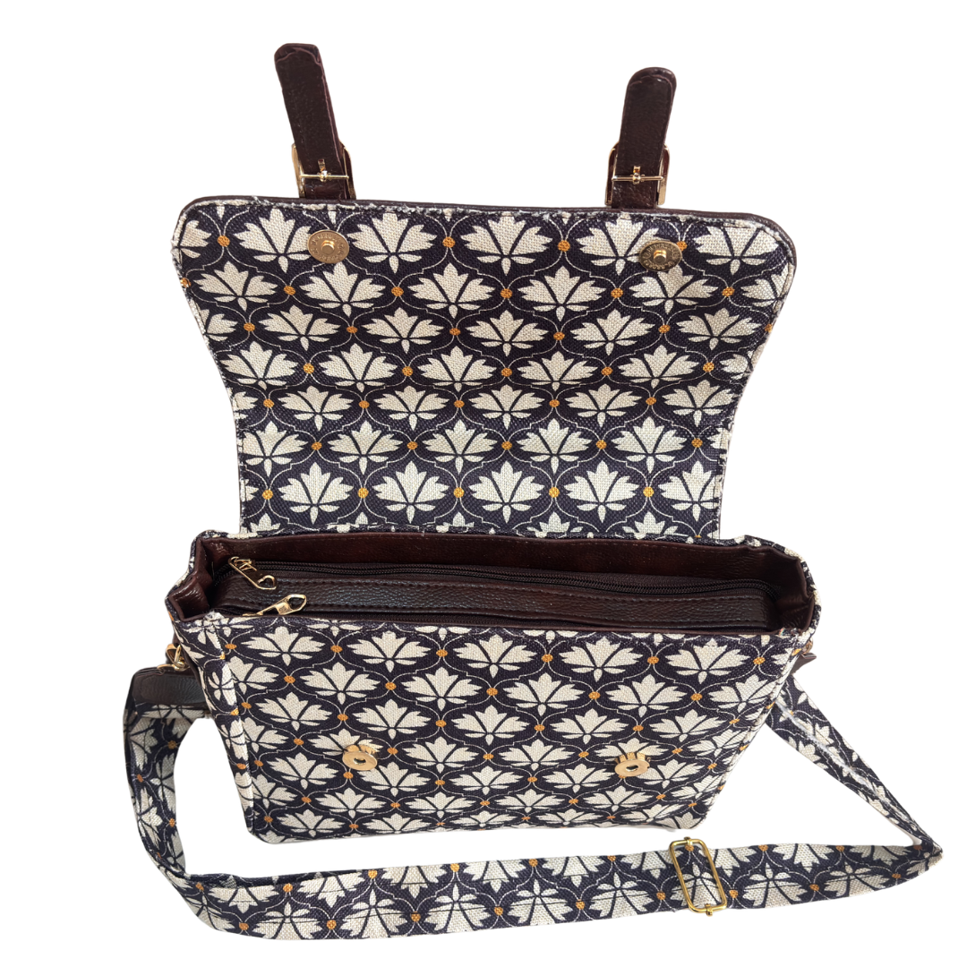 Grey Floral Sling Bag – magnetic snap front flap closure detail with faux leather trim