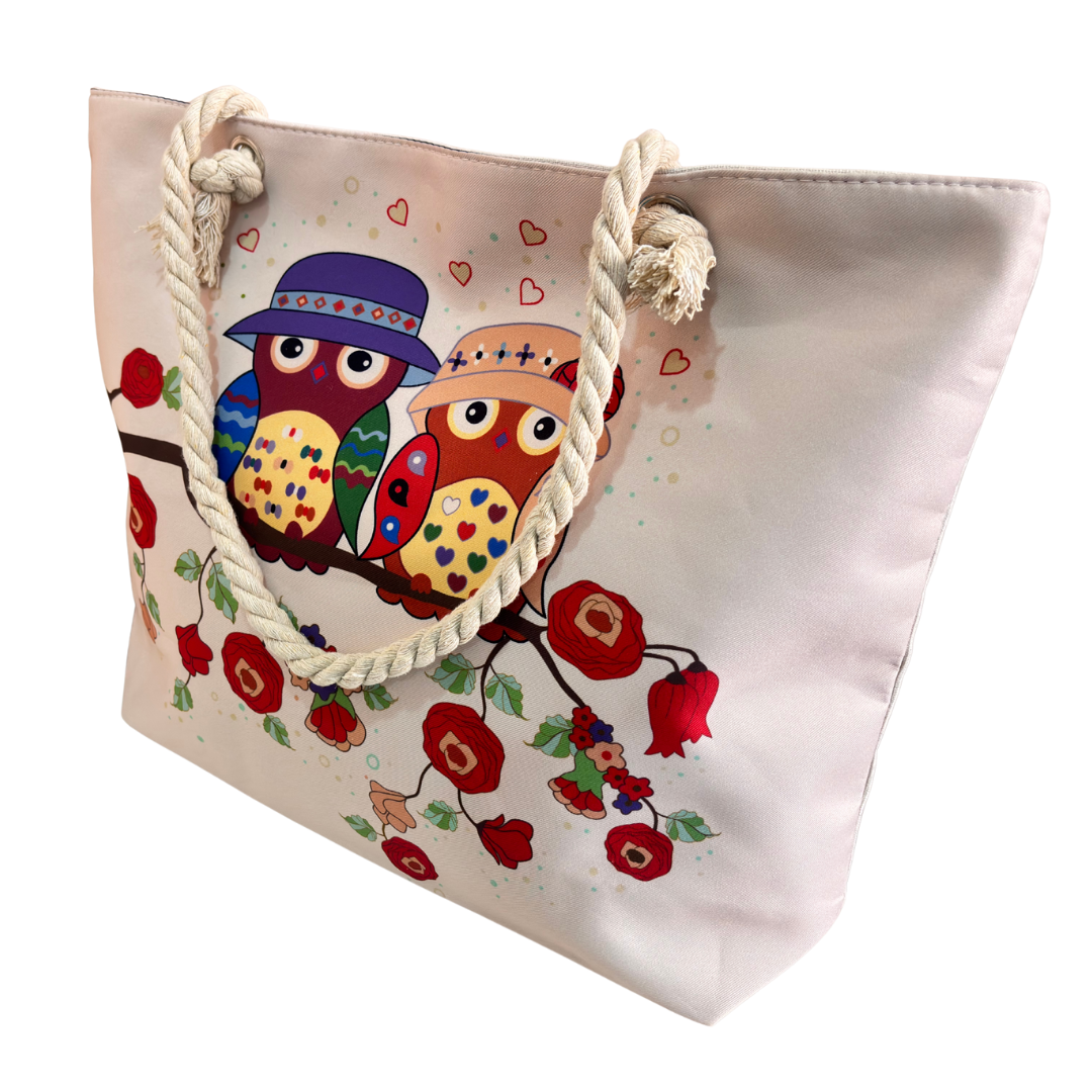 The Beach Party Edition:- Owl Print White Beach Tote Bag with complimentary Pouch