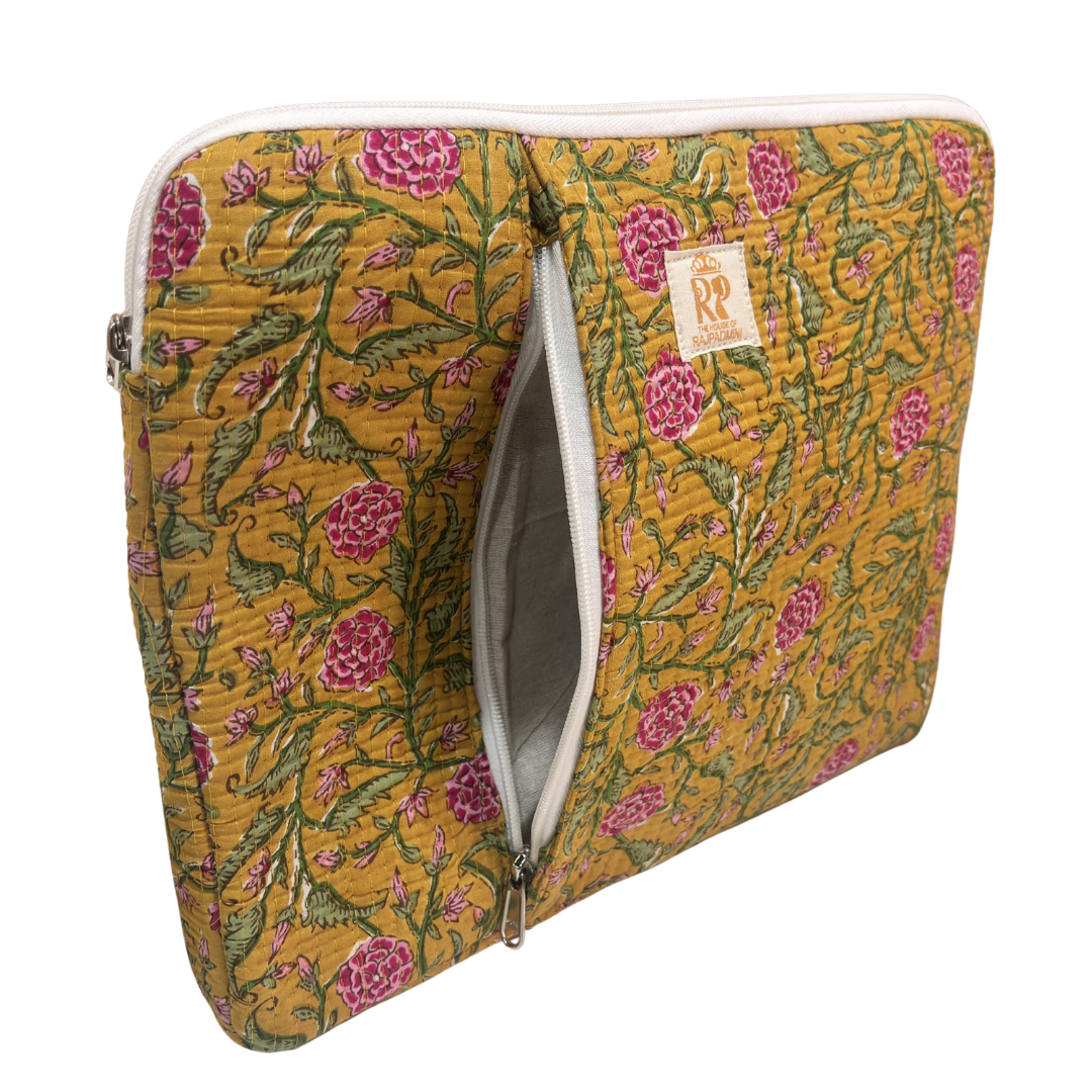 Quilted Cotton Laptop Sleeve with External Pocket — Handcrafted 14-inch Sleeve | The House of RajPadmini