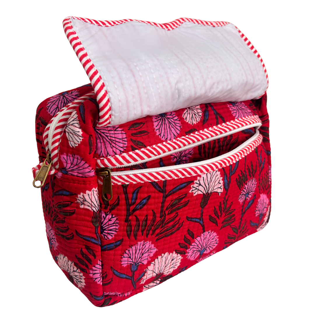 Multi-Pocket Travel Cosmetic Case with Flap & Front Zip — Handcrafted Quilted Block Print | RajPadmini