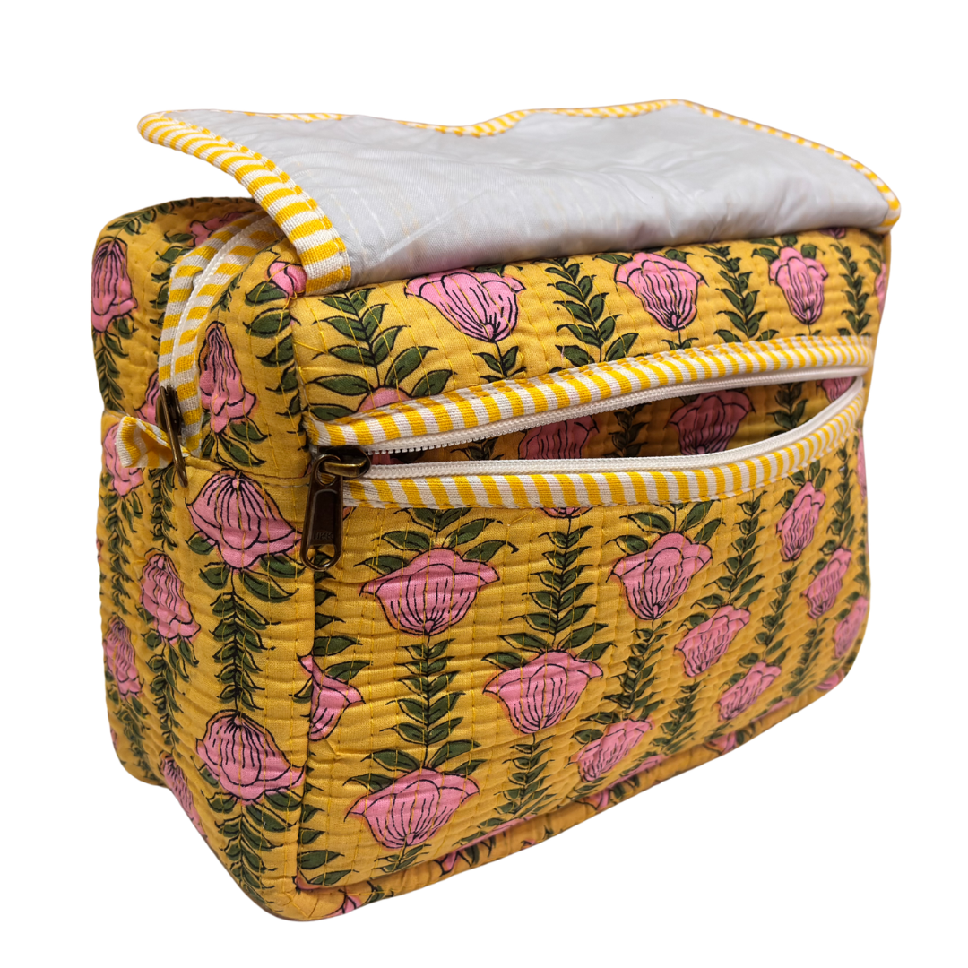RajPadmini quilted cotton travel organiser — close-up of hand-block-printed pattern detail