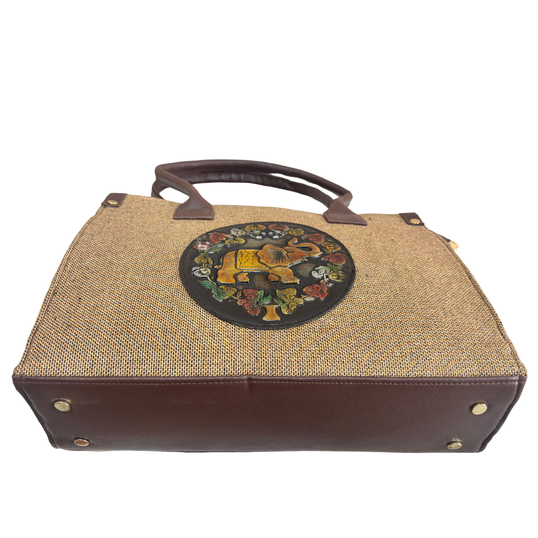 The House of RajPadmini Jute Tote Bag with Medallion Embossed Print