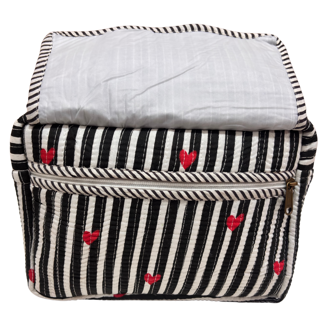 Multi-Pocket Travel Cosmetic Case with Flap & Front Zip — Handcrafted Quilted Block Print | RajPadmini