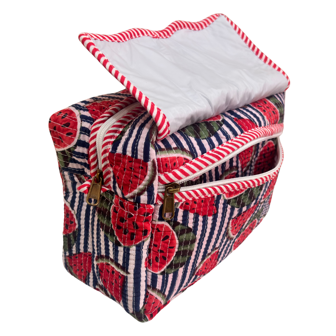Multi-Pocket Travel Cosmetic Case with Flap & Front Zip — Handcrafted Quilted Block Print | RajPadmini
