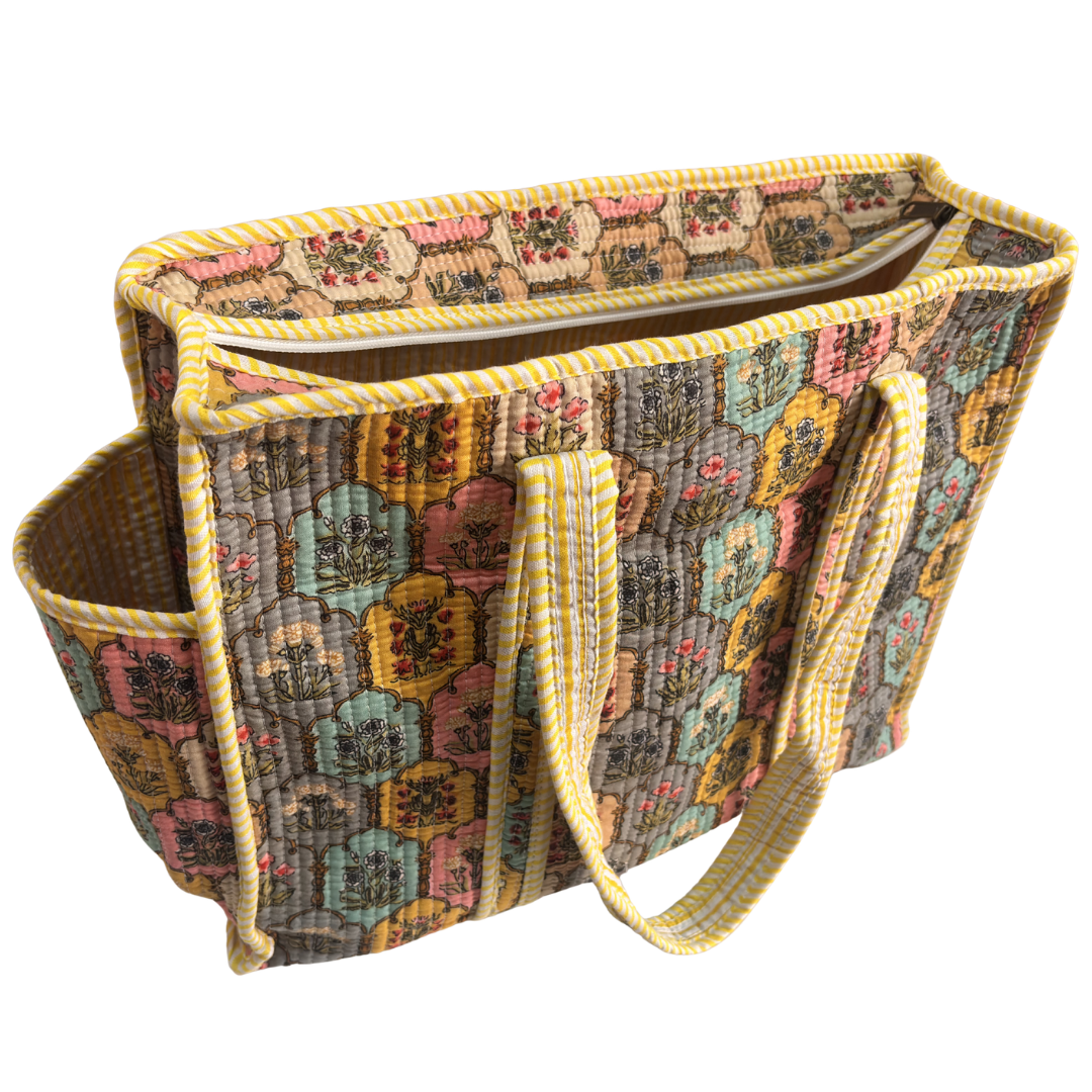Artisan Quilted Bloom Quilted Cotton Tote - Handcrafted Shopping Companion