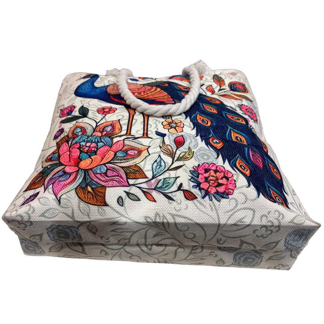 The House of RajPadmini Desert Caravan Edition | Waterproof Jaipuri Print Beach Tote with Peacock & Camel Motifs