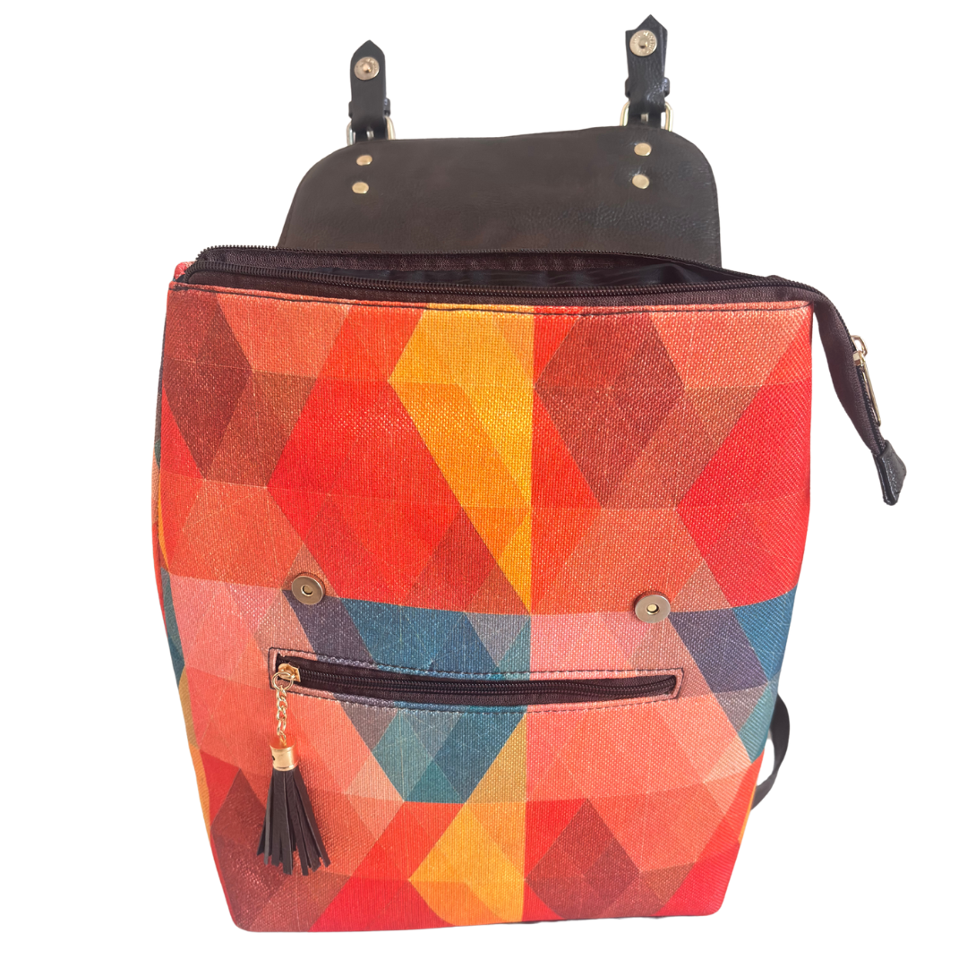 Geometric Sunset Heritage Backpack - Desert Kaleidoscope Collection | Hand-Woven Tribal Pattern