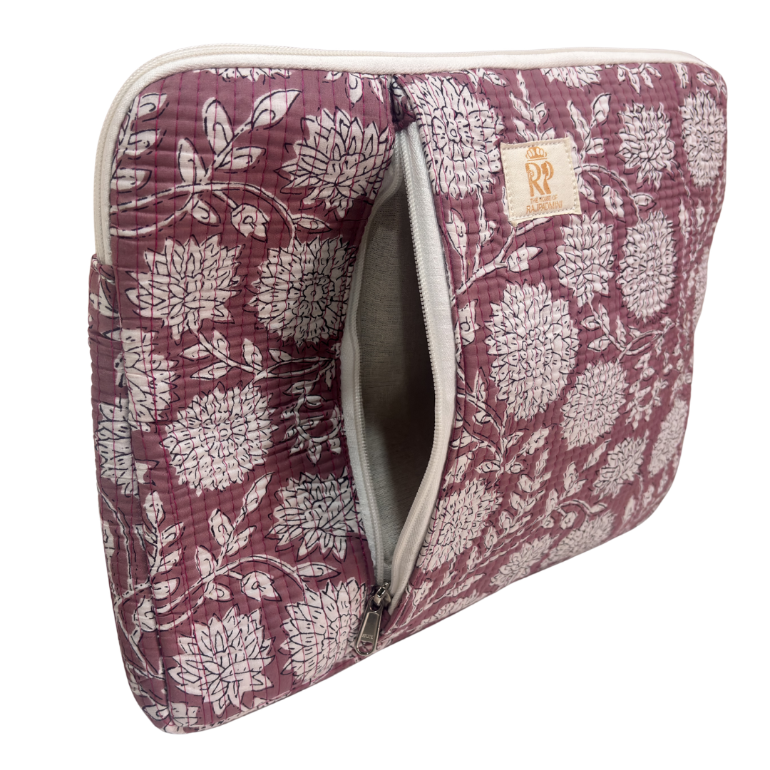 Quilted Cotton Laptop Sleeve with External Pocket — Handcrafted 14-inch Sleeve | The House of RajPadmini
