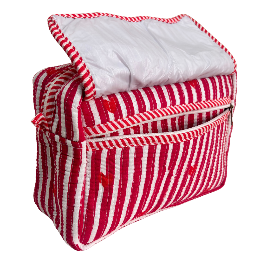 Multi-Pocket Travel Cosmetic Case with Flap & Front Zip — Handcrafted Quilted Block Print | RajPadmini