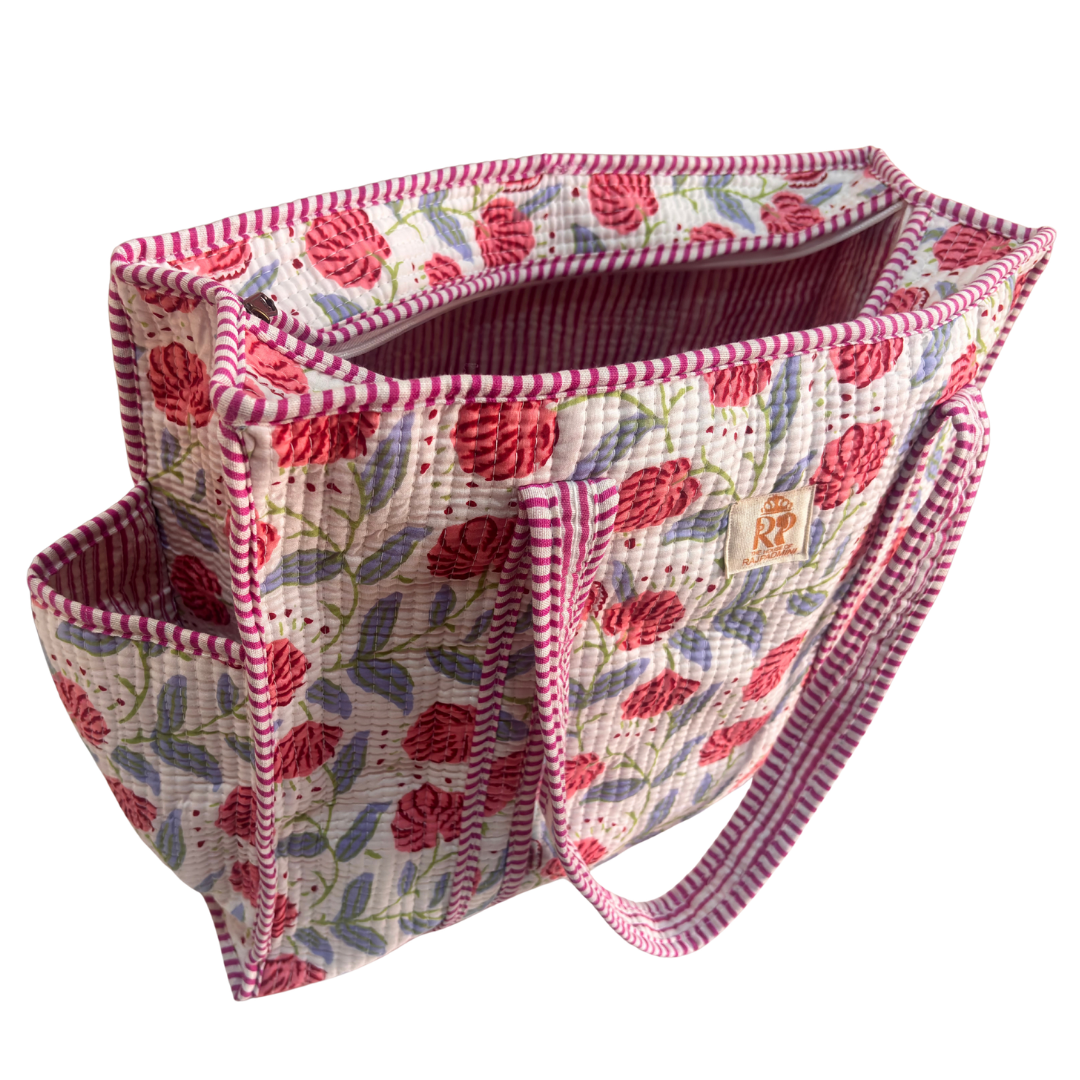 Artisan Quilted Bloom Quilted Cotton Tote - Handcrafted Shopping Companion
