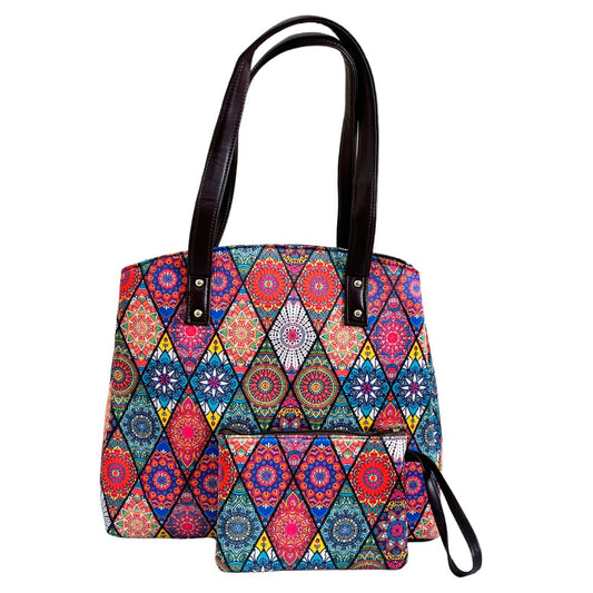 Multicolor Diamond Print Tote Bag with Triple Compartment