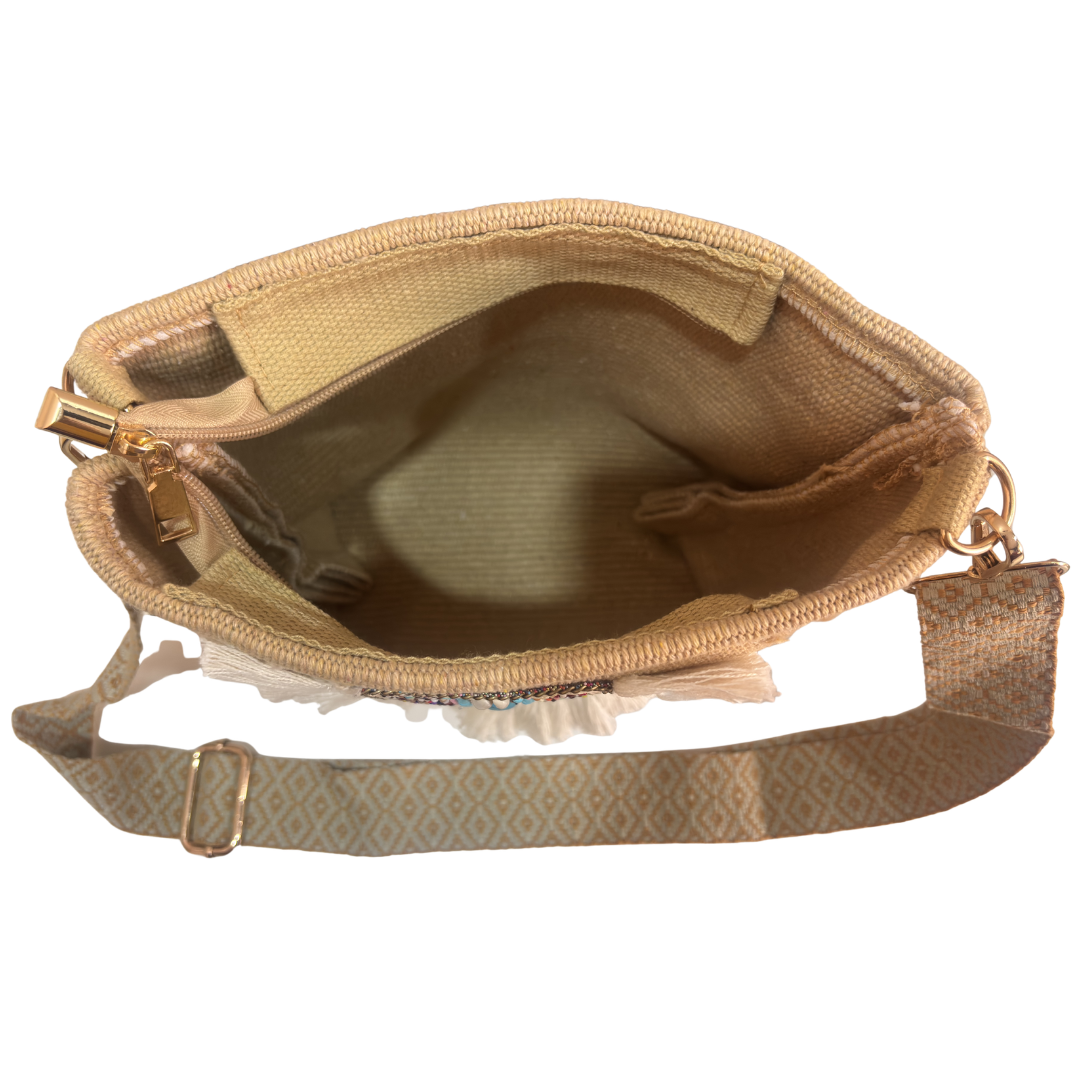 Handwork Bohemian Sling Bag | Canvas Fabric | Beaded Embellishment with Fringe | 21.5x27.9 cm