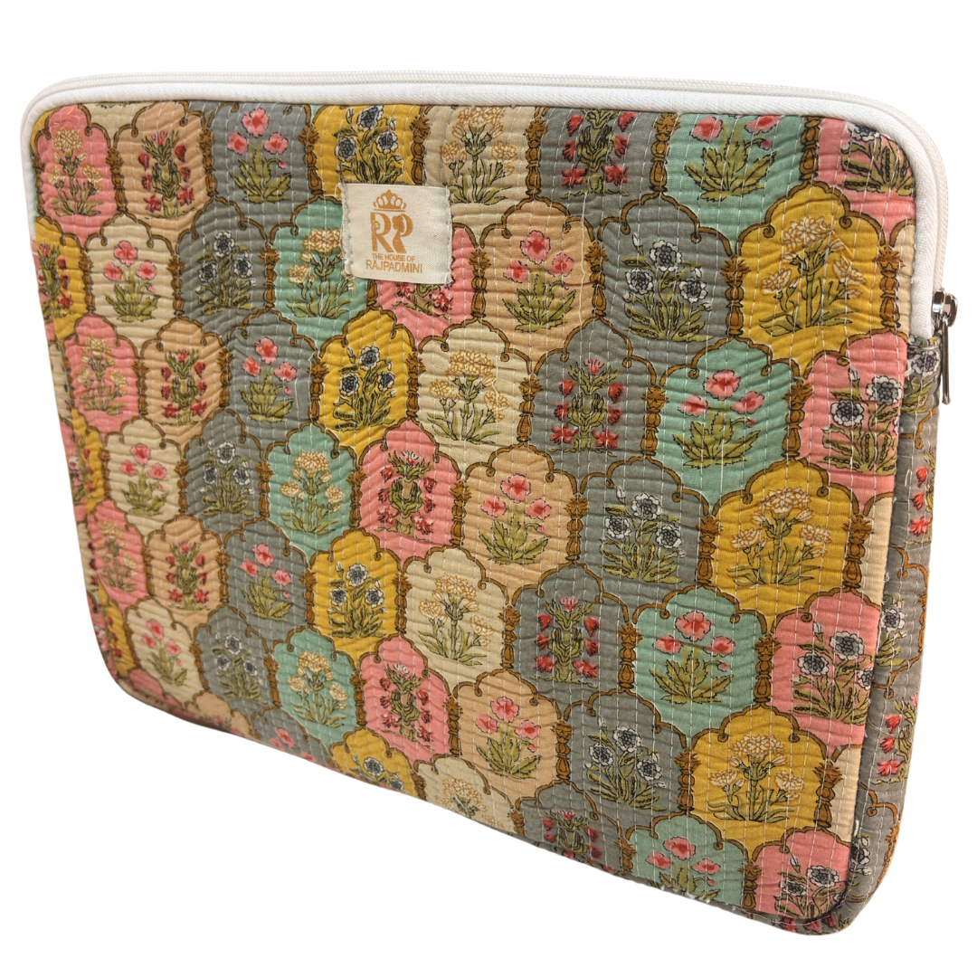 Classic Yellow quilted cotton sleeve open zipper view showing main compartment