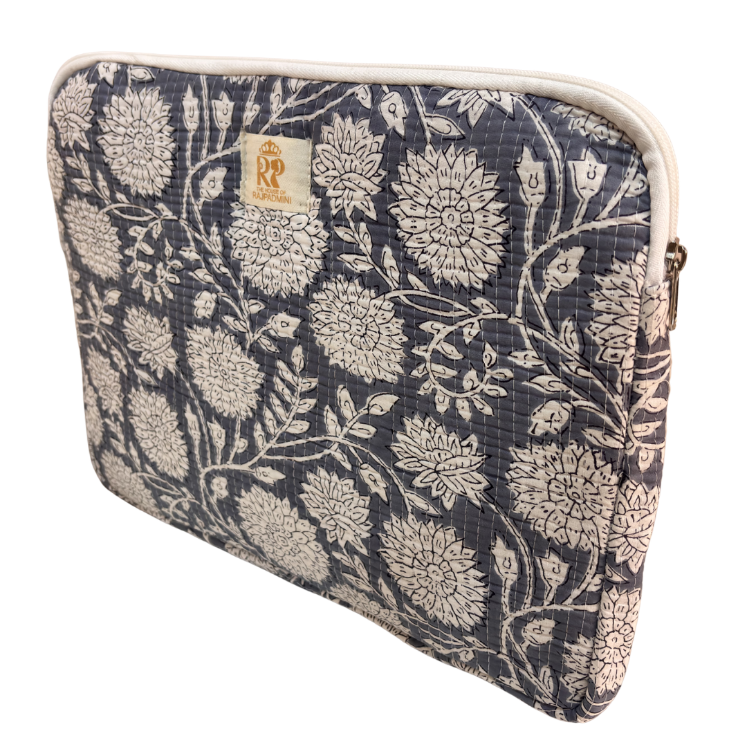 Grey quilted cotton sleeve open zipper view showing main compartment