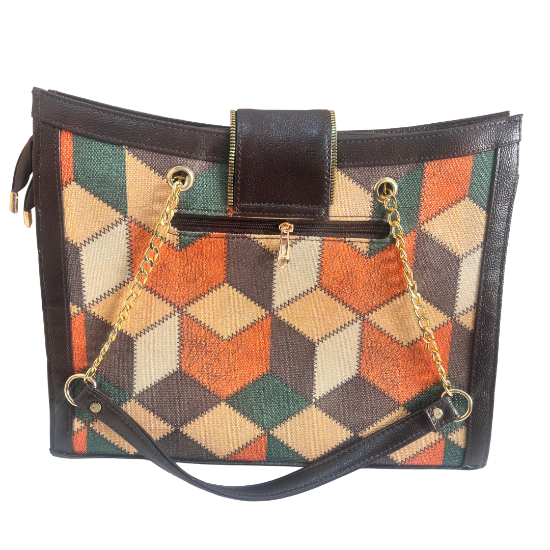 Chain Handle Tote Bag for Women | Rajasthani Block Print with Gold Chain Handles & Matching Pouch