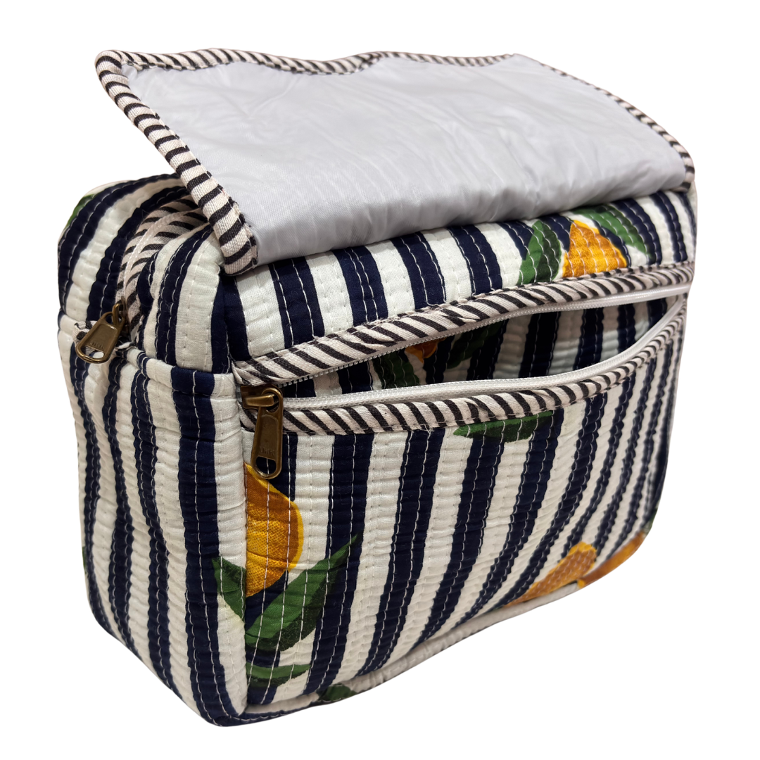 Multi-Pocket Travel Cosmetic Case with Flap & Front Zip — Handcrafted Quilted Block Print | RajPadmini