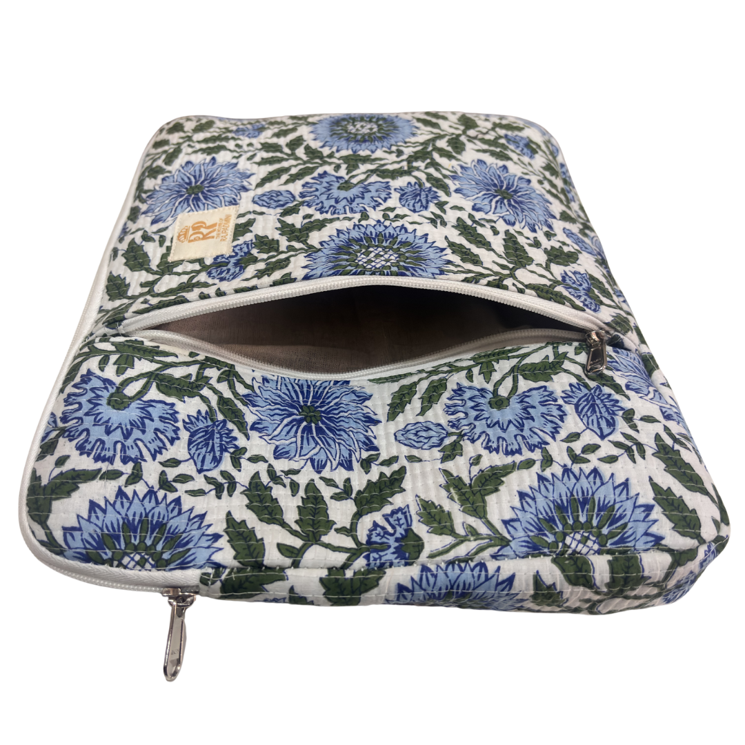 Quilted Cotton Laptop Sleeve with External Pocket — Handcrafted 14-inch Sleeve | The House of RajPadmini