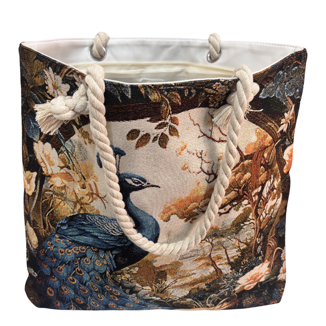 Peacock & Floral Print Canvas Beach Tote — Handcrafted Waterproof Tote with Zip Closure | The House of RajPadmini