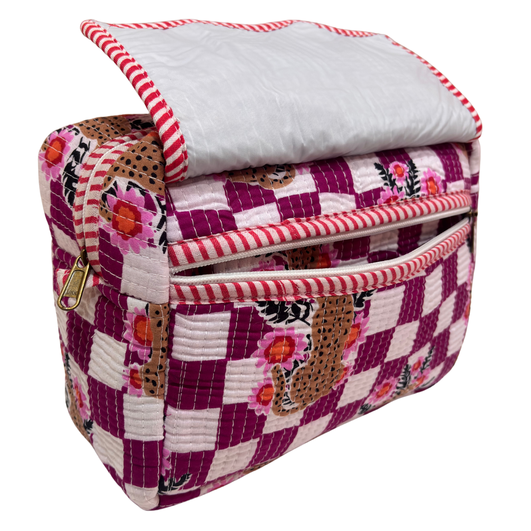 Multi-Pocket Travel Cosmetic Case with Flap & Front Zip — Handcrafted Quilted Block Print | RajPadmini