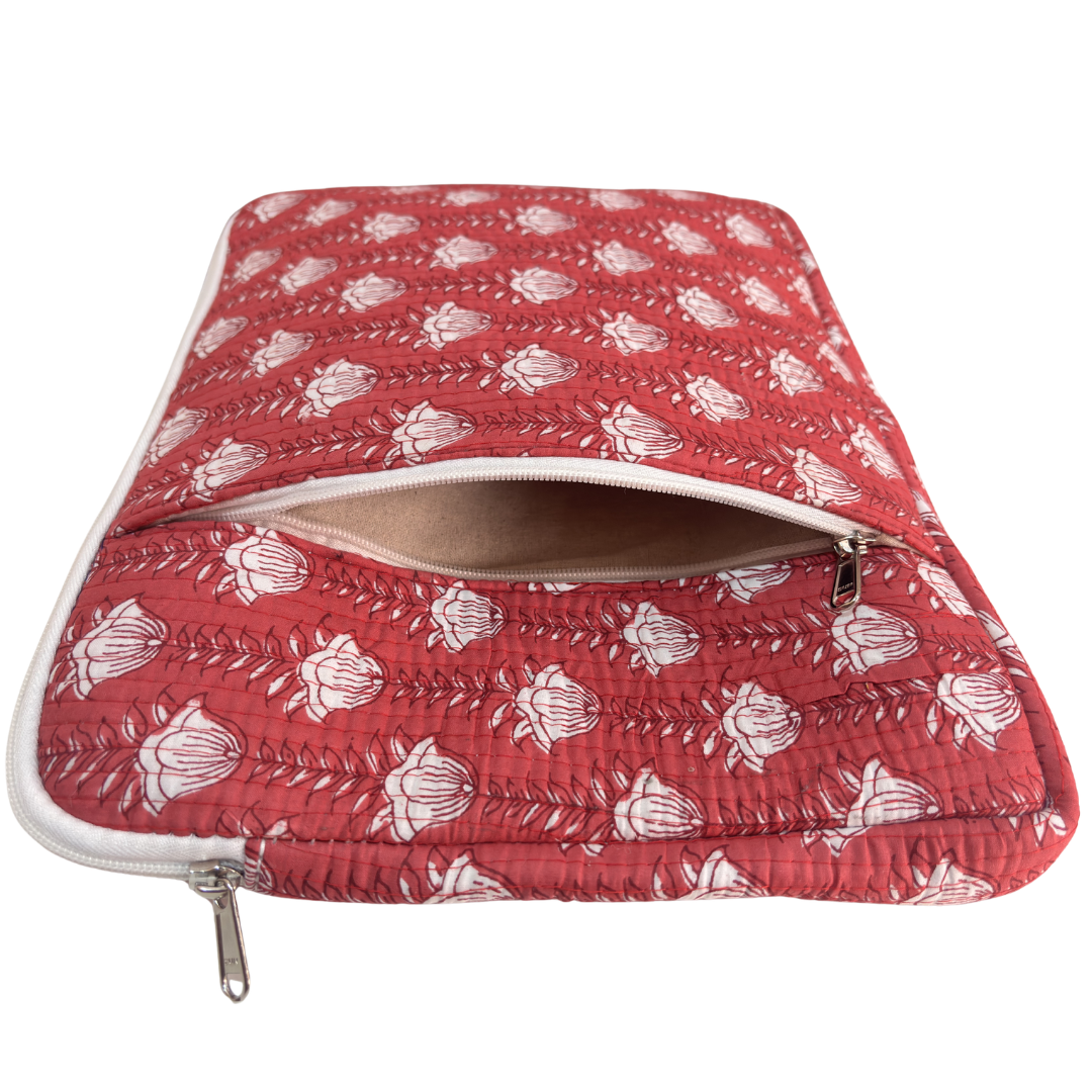 Dark Pink quilted cotton sleeve open zipper view showing main compartment