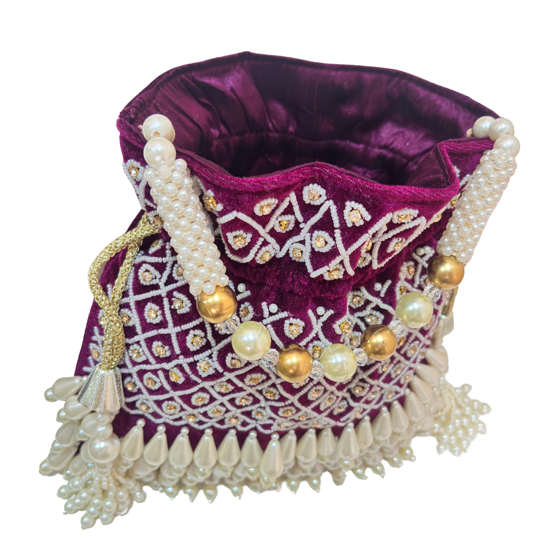 The House of RajPadmini Velvet Pearl Embroidered Potli Bag