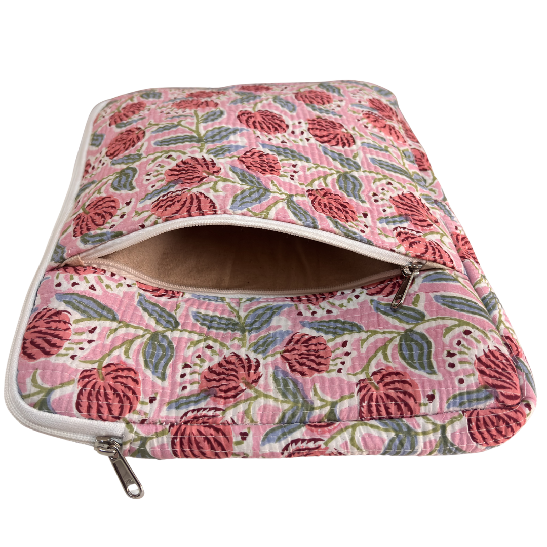 Floral Pink quilted cotton sleeve open zipper view showing main compartment