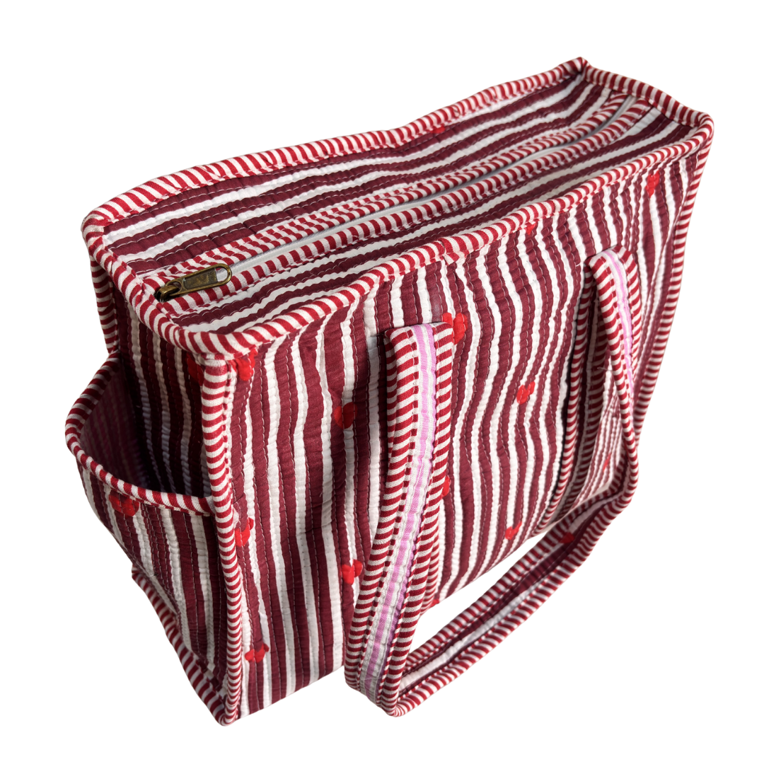 Heart Red quilted fabric close-up — handcrafted diamond stitching from Jaipur