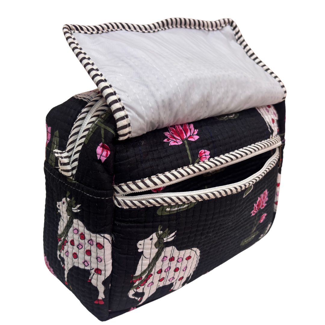 RajPadmini quilted cotton travel organiser — close-up of hand-block-printed pattern detail