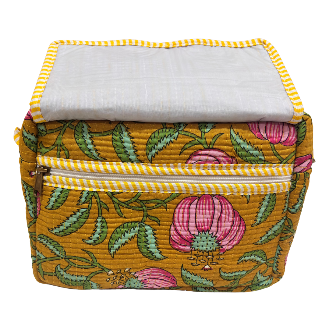 Multi-Pocket Travel Cosmetic Case with Flap & Front Zip — Handcrafted Quilted Block Print | RajPadmini