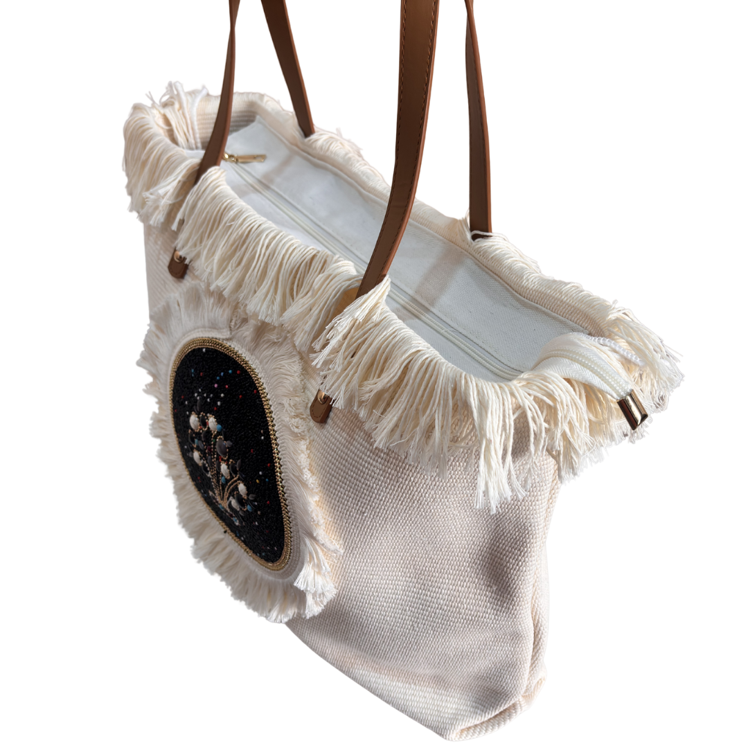 The Canvas Handwork Tote Bag with Beaded Embellishment