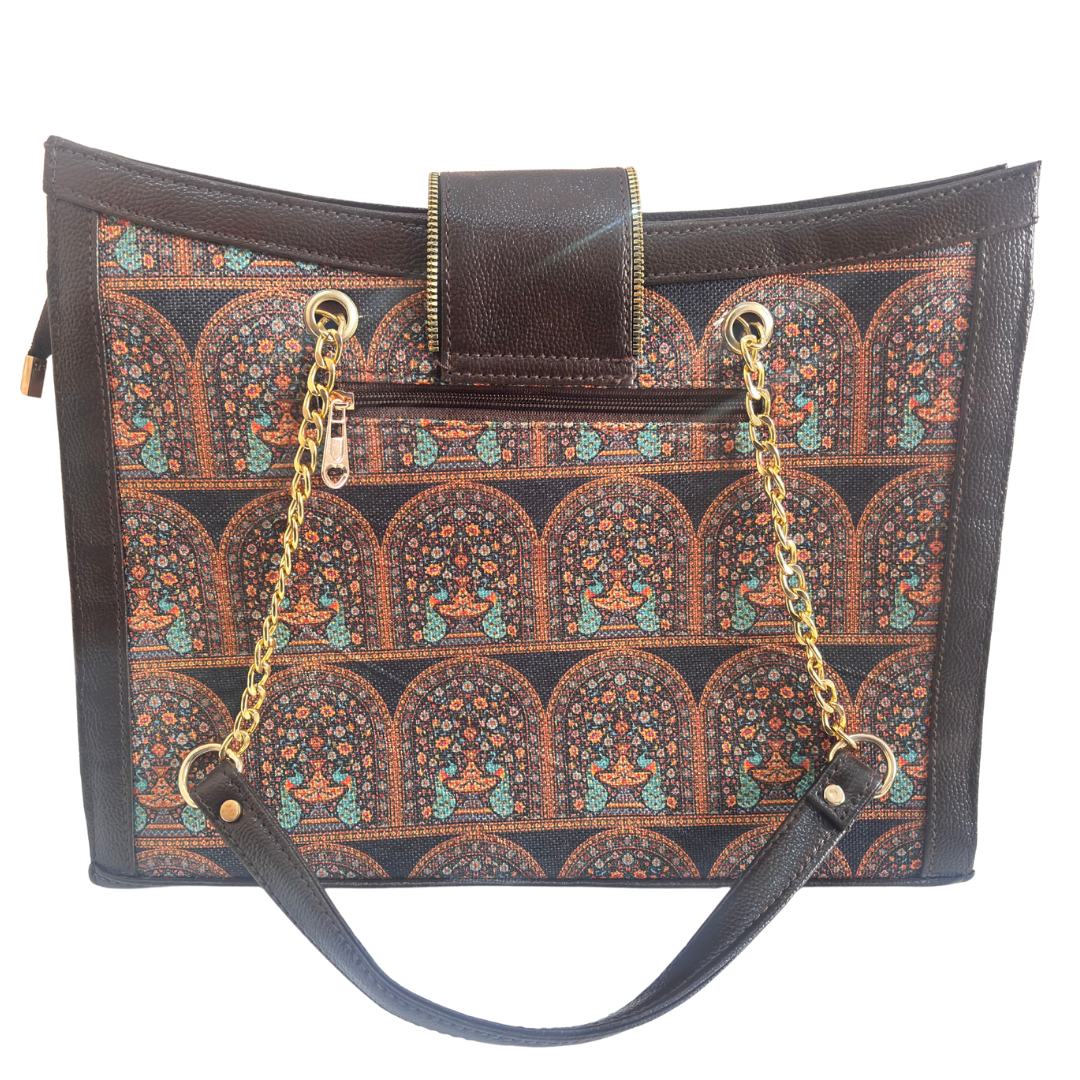 Chain Handle Tote Bag for Women | Rajasthani Block Print with Gold Chain Handles & Matching Pouch