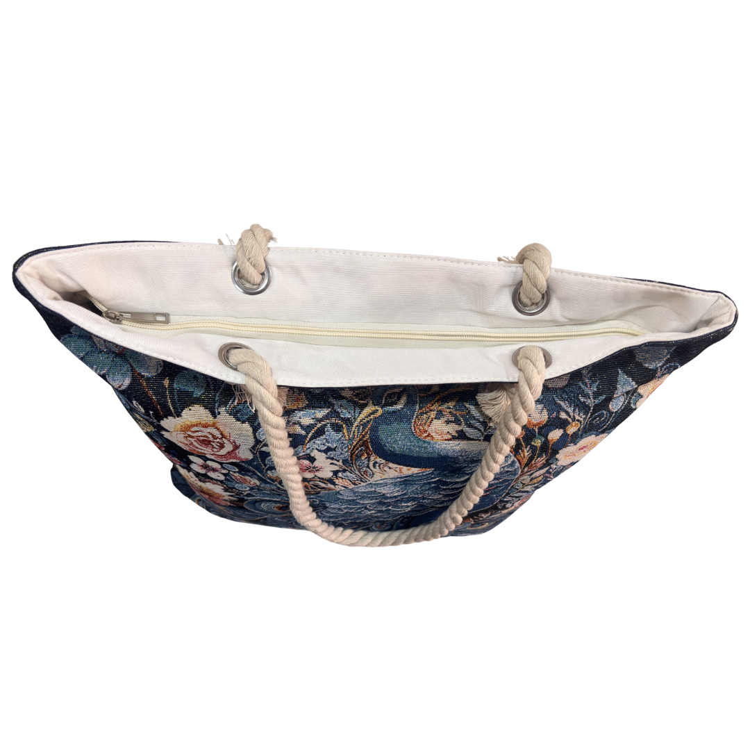 Peacock & Floral Print Canvas Beach Tote — Handcrafted Waterproof Tote with Zip Closure | The House of RajPadmini