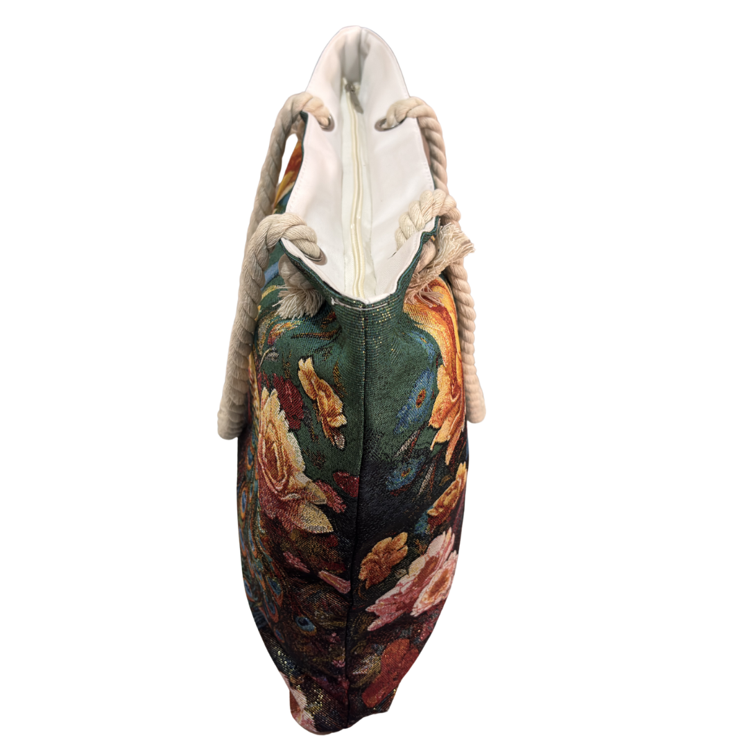 Peacock & Floral Print Canvas Beach Tote — Handcrafted Waterproof Tote with Zip Closure | The House of RajPadmini