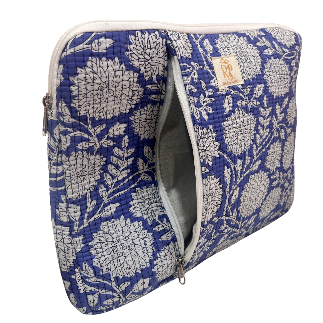 Quilted Cotton Laptop Sleeve with External Pocket — Handcrafted 14-inch Sleeve | The House of RajPadmini