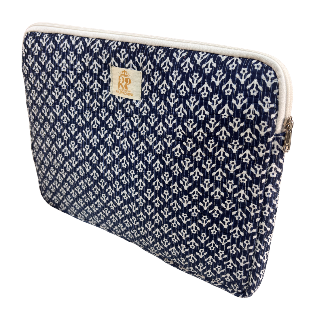 Indigo Blue quilted cotton sleeve open zipper view showing main compartment