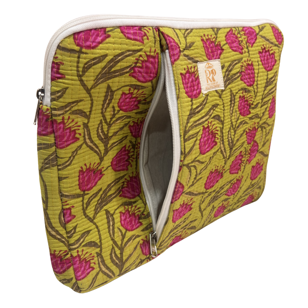 Quilted Cotton Laptop Sleeve with External Pocket — Handcrafted 14-inch Sleeve | The House of RajPadmini