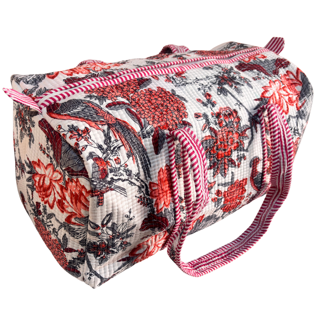Reinforced base of Pushkar Balloon Floral White duffle — cabin-friendly travel duffle bag