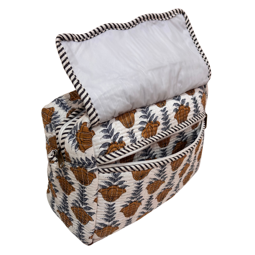 Handmade block-print cosmetic case from Jaipur — top view showing zipper opening