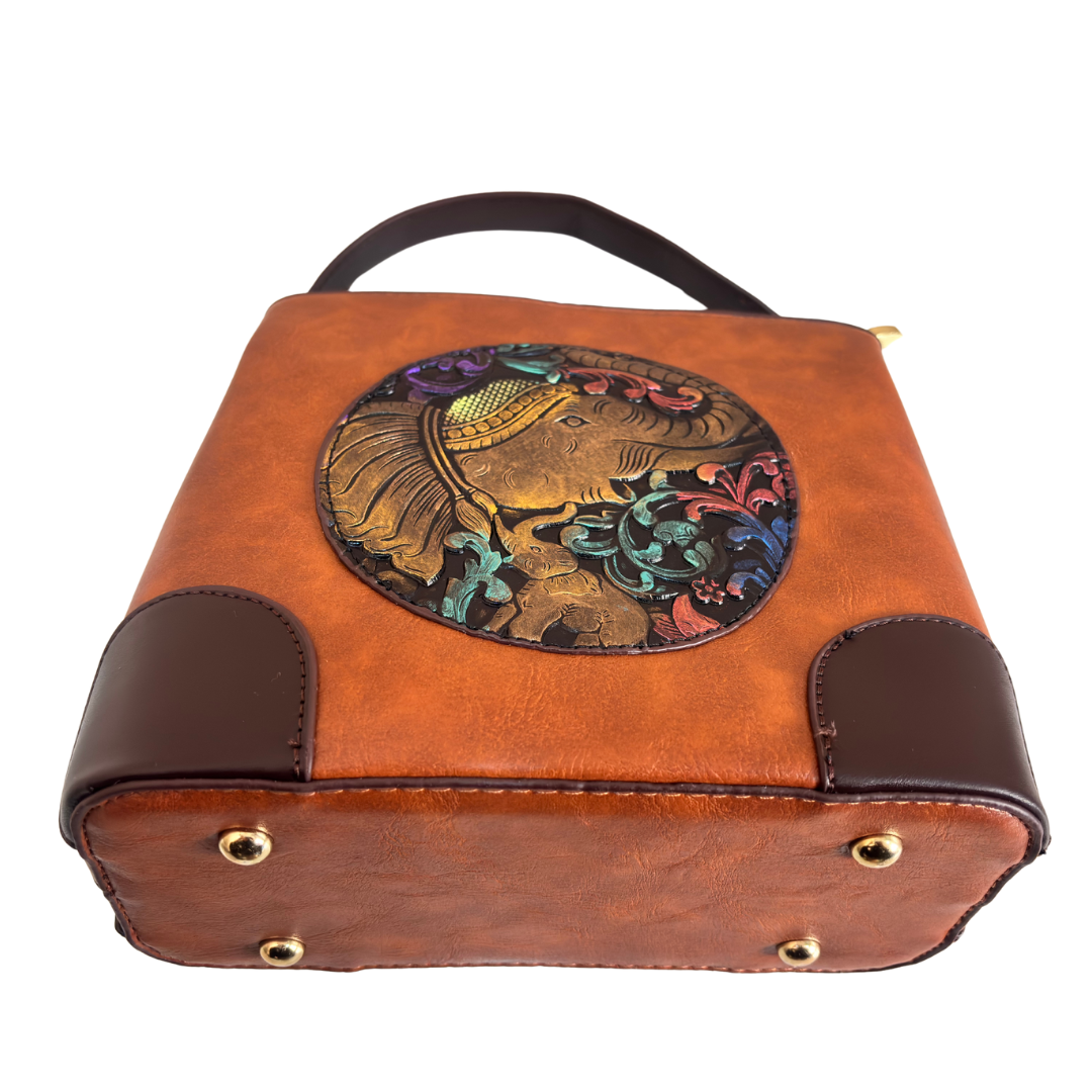 The House of RajPadmini Amber Fort Gajraj Edition | Embossed Elephant Medallion Handbag with Convertible Strap