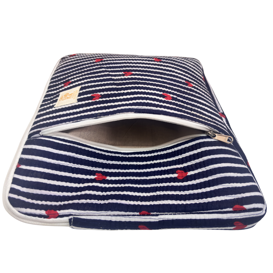 Quilted Cotton Laptop Sleeve with External Pocket — Handcrafted 14-inch Sleeve | The House of RajPadmini