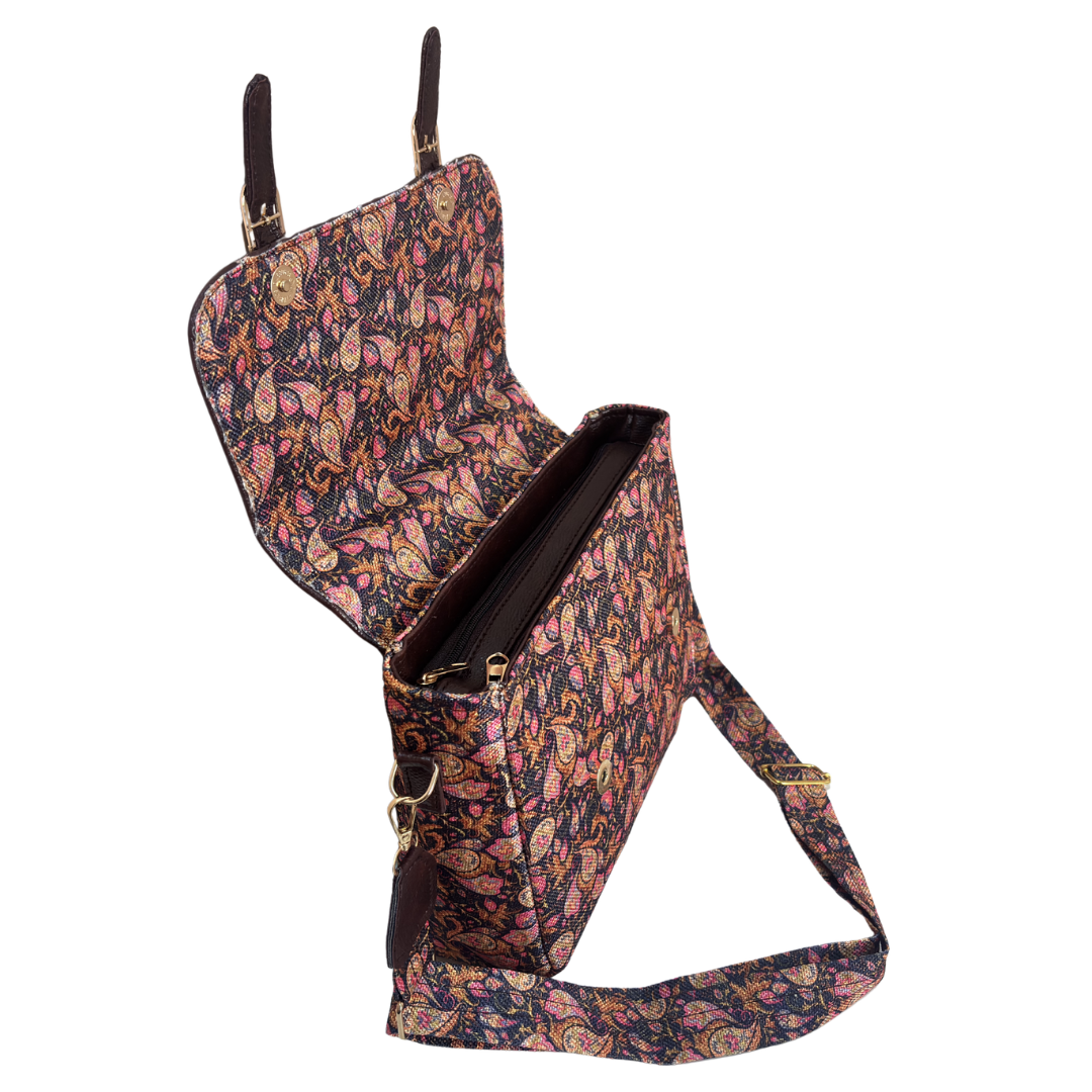 Brown Briefcase Sling Bag – magnetic snap closure on front flap with floral print and faux leather trim