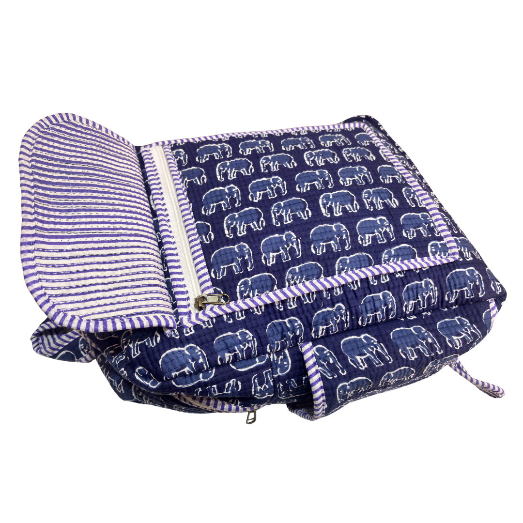 The Jungle Book Edition:- Premium Quilted Blue Cotton Backpack with Animal Print Design - Stylish Eco-Friendly Bag for School, Travel, and Everyday Adventures