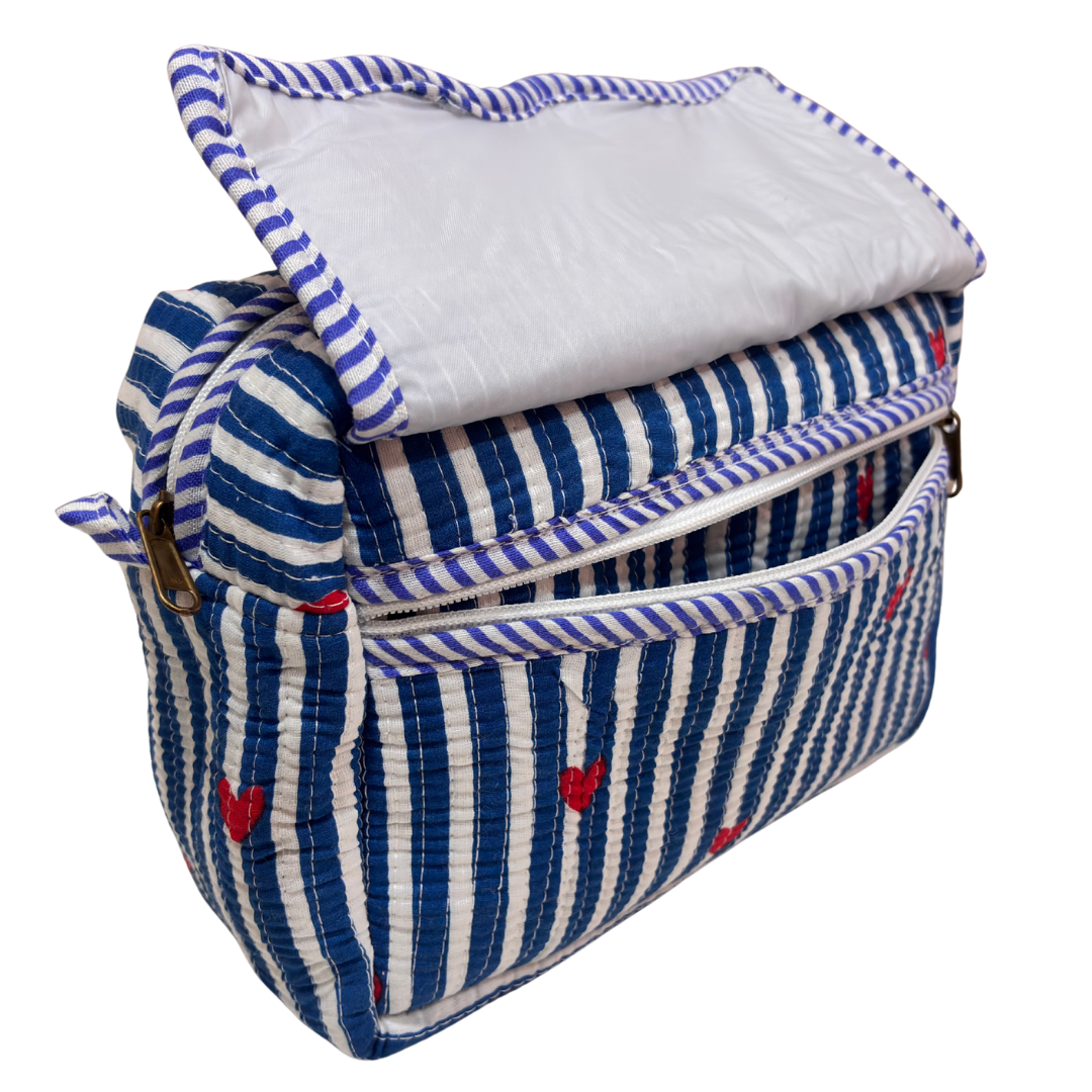 Multi-Pocket Travel Cosmetic Case with Flap & Front Zip — Handcrafted Quilted Block Print | RajPadmini