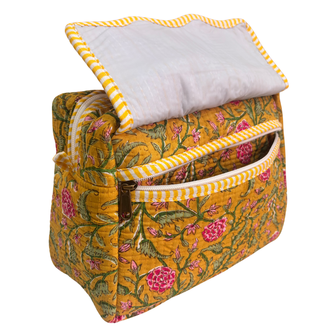 Multi-Pocket Travel Cosmetic Case with Flap & Front Zip — Handcrafted Quilted Block Print | RajPadmini